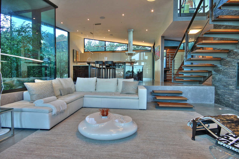 Diseño de sala de estar abierta contemporánea con suelo de cemento