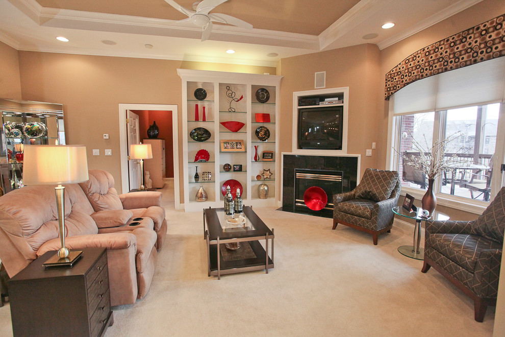 Photo of a large contemporary open plan games room in Louisville with brown walls, carpet, a corner fireplace, a tiled fireplace surround and a built-in media unit.