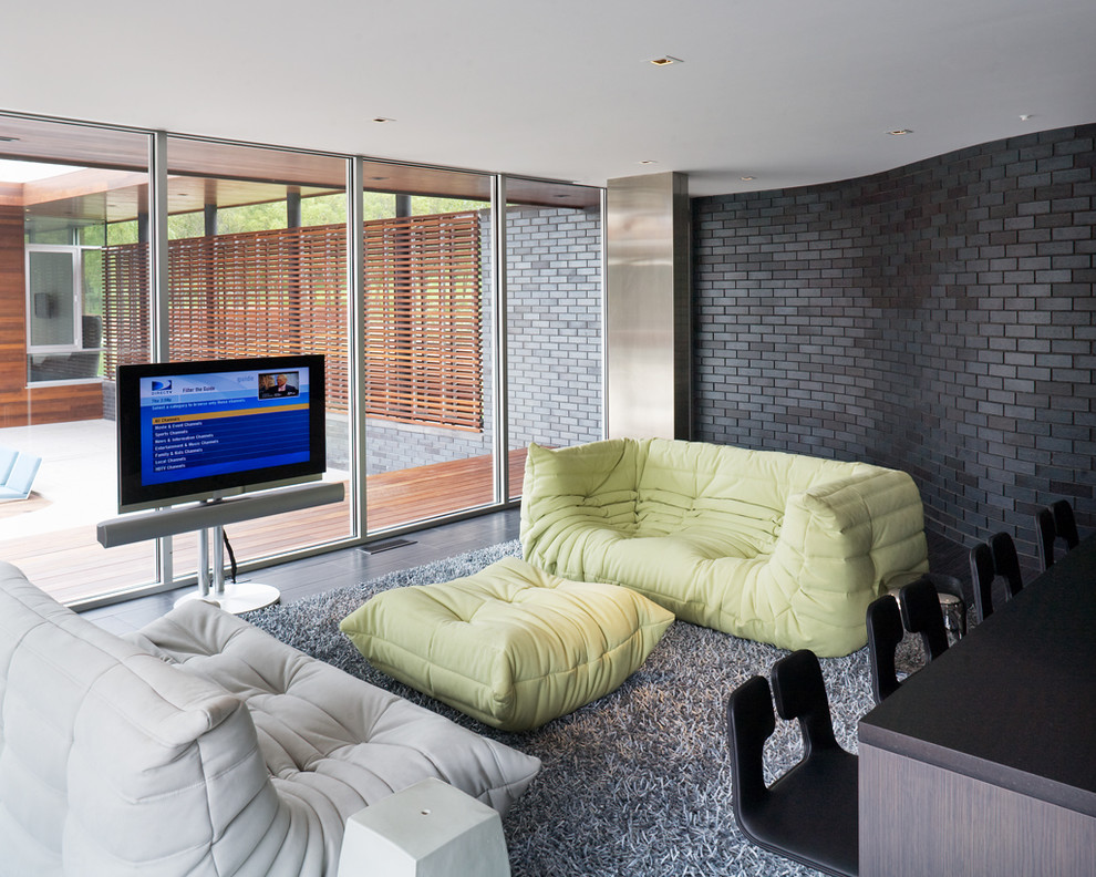 Idee per un soggiorno contemporaneo con pareti nere, TV autoportante e tappeto