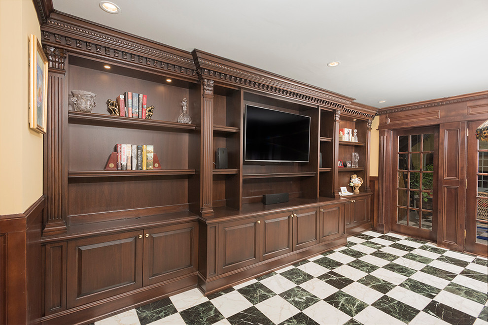 Photo of a large traditional open plan games room in New York with a wall mounted tv, a reading nook, yellow walls, lino flooring, no fireplace and multi-coloured floors.