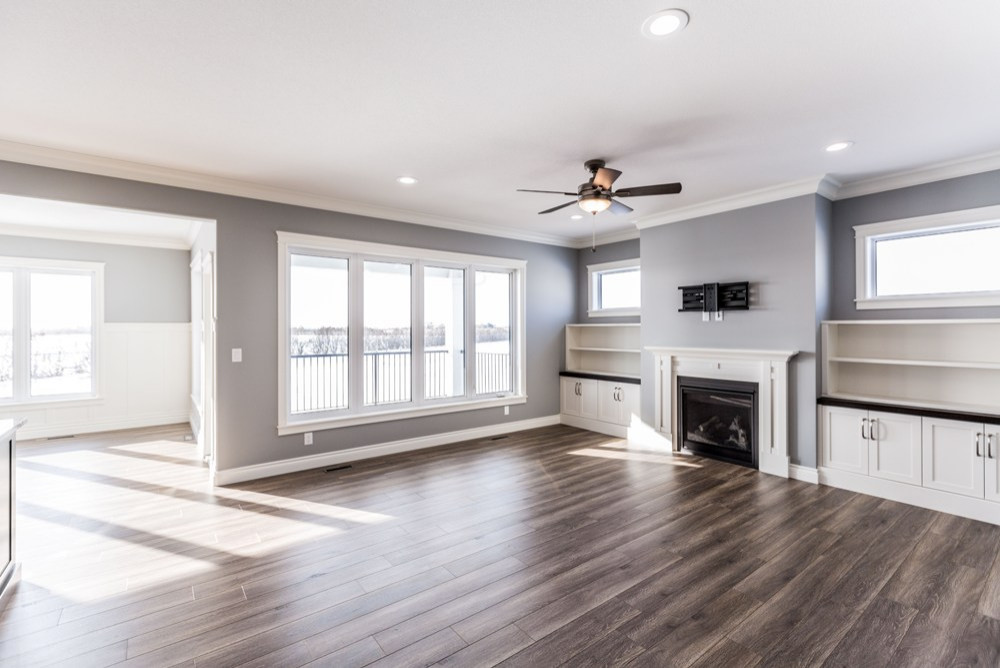 75 Laminate Floor Family Room with Gray Walls Ideas You ll Love