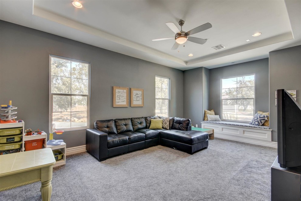 Immagine di un grande soggiorno tradizionale aperto con pareti grigie, moquette e TV autoportante
