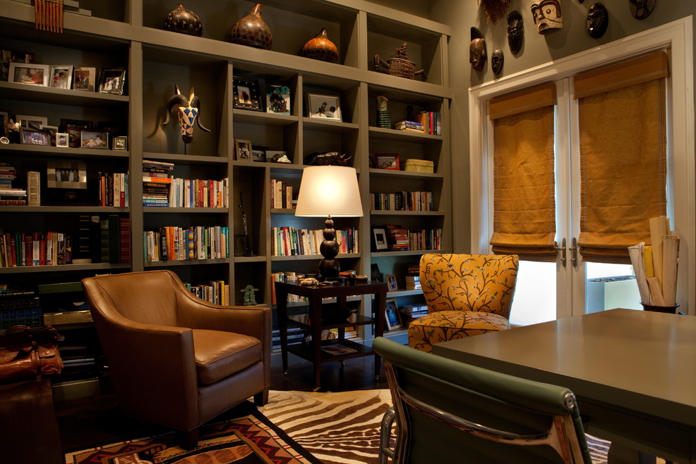 Example of a transitional enclosed dark wood floor family room library design in Orlando with brown walls