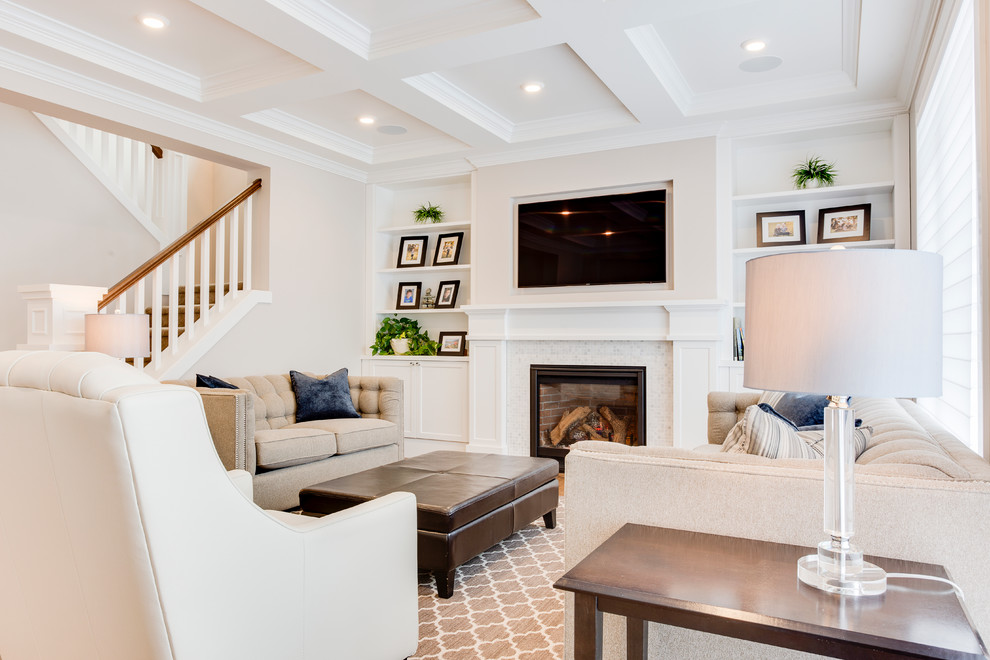 Example of a transitional light wood floor family room design in Other with a standard fireplace, a tile fireplace and a media wall