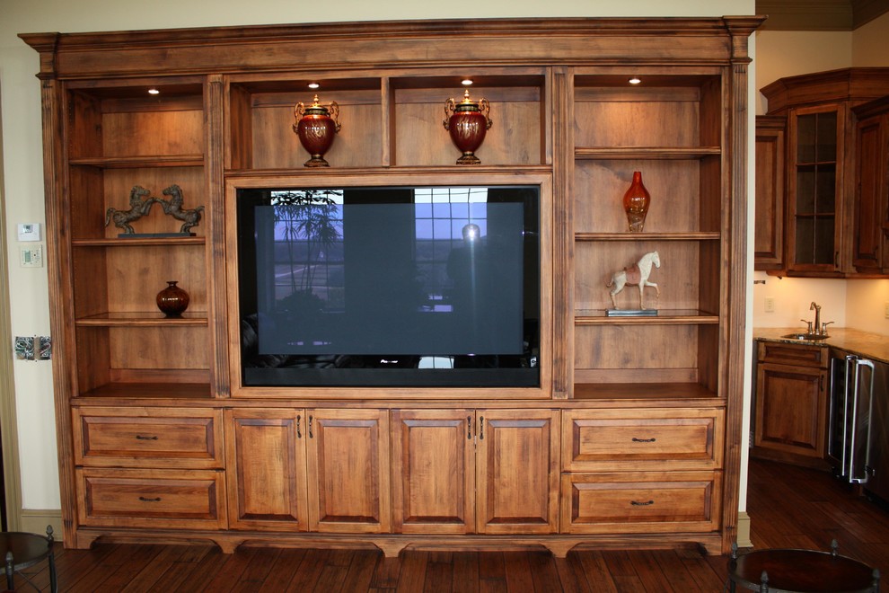 Photo of a medium sized classic enclosed games room in Orlando with beige walls, dark hardwood flooring and a wall mounted tv.