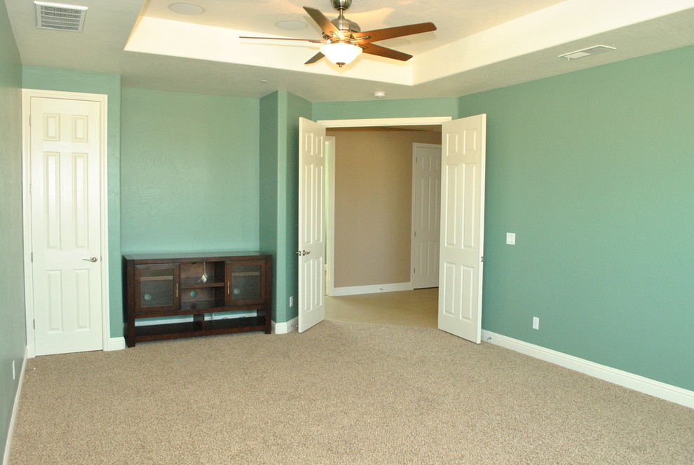 Klassischer Hobbyraum mit freistehendem TV, blauer Wandfarbe und Teppichboden in Sonstige