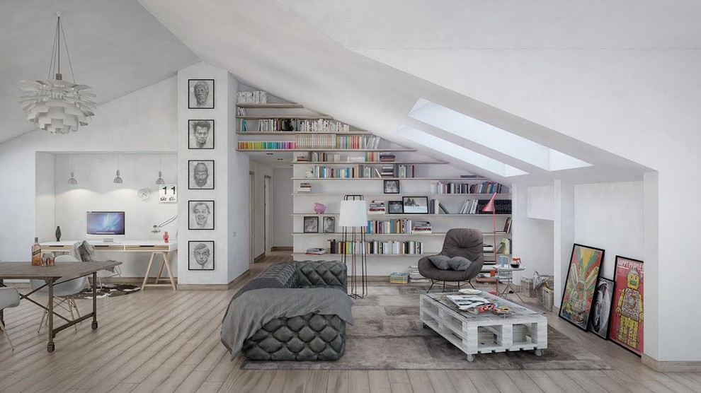 Foto de sala de estar con biblioteca abierta escandinava grande sin chimenea y televisor con paredes blancas y suelo de madera clara