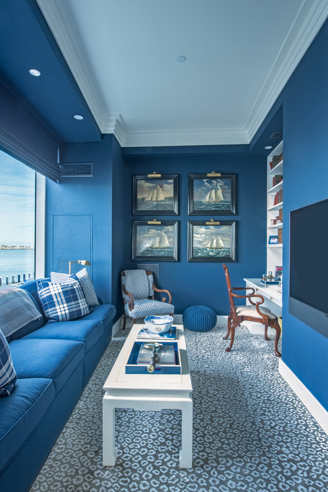 Family room - coastal multicolored floor family room idea in Boston with blue walls