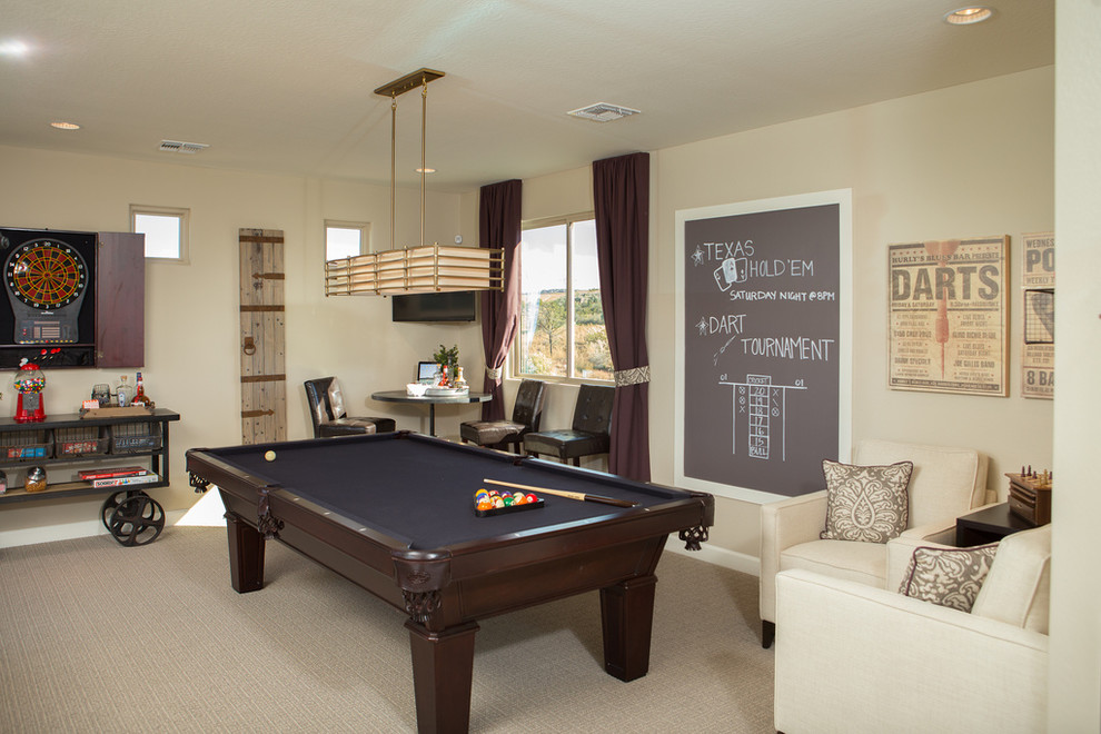 This is an example of a classic games room in Phoenix with beige walls and carpet.