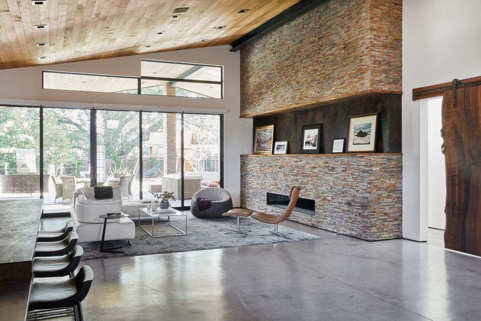 Foto di un grande soggiorno minimalista aperto con pareti bianche, pavimento in cemento, cornice del camino in pietra e parete attrezzata