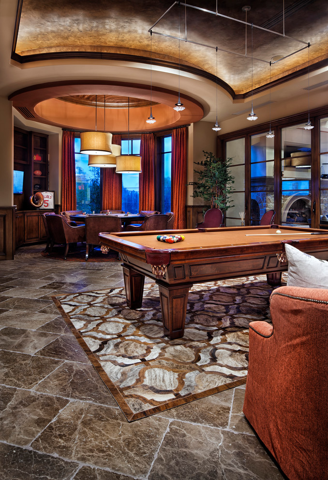 This is an example of a mediterranean open plan games room in Dallas with beige walls, marble flooring and grey floors.