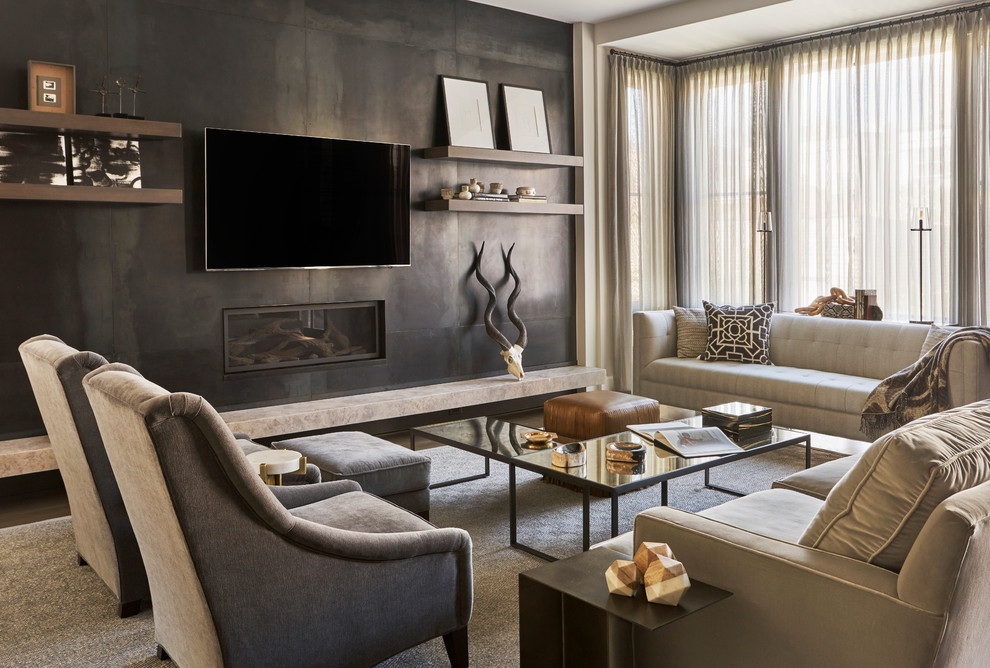 Family room - large contemporary open concept dark wood floor family room idea in Chicago with a wall-mounted tv, a ribbon fireplace, gray walls and a metal fireplace