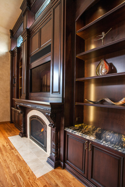 Dark Stained Cherry Cabinetry Surrounds Flush Hearth Stone Tile Fireplace Orren Pickell Building Group Img~ddb17ba30350199a 4 3575 1 28977aa 