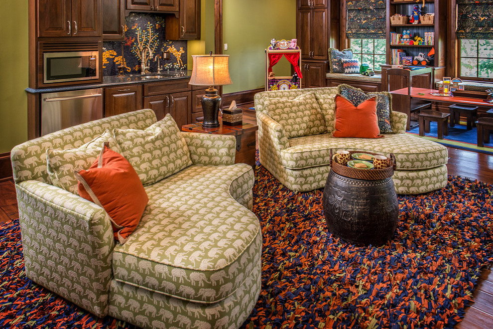 Inspiration for an eclectic games room in Charleston with green walls and dark hardwood flooring.