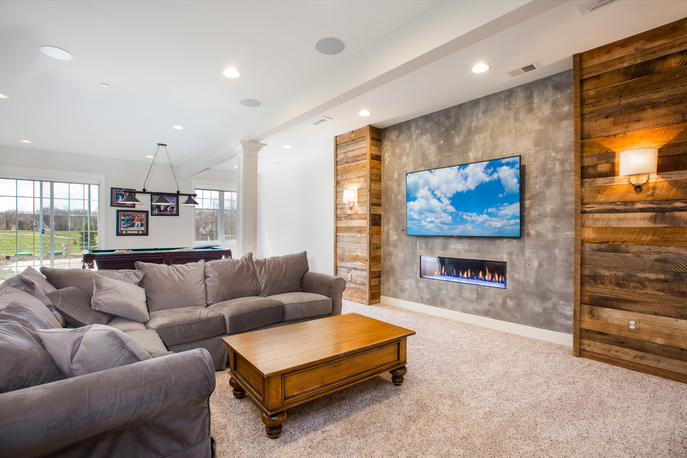 Elegant open concept carpeted family room photo in Baltimore with white walls, a ribbon fireplace and a wall-mounted tv