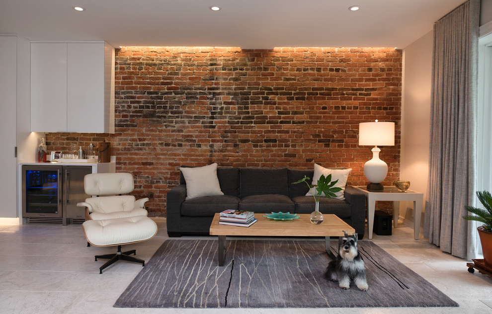 Esempio di un soggiorno contemporaneo con angolo bar e pavimento grigio