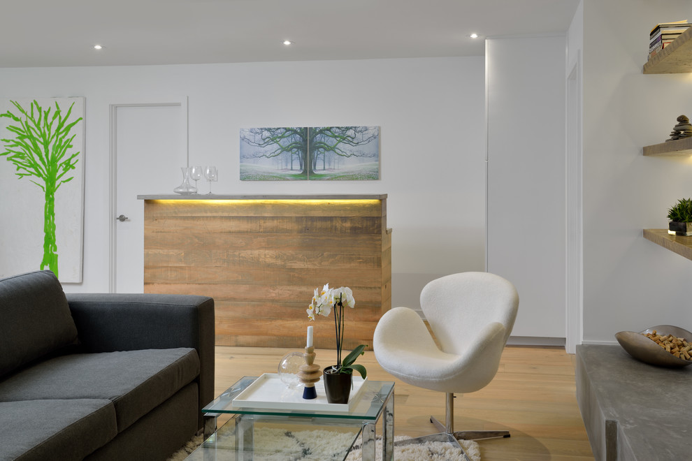 Mittelgroßes, Offenes Modernes Wohnzimmer mit Hausbar, weißer Wandfarbe, Sperrholzboden, Gaskamin, Kaminumrandung aus Beton, Multimediawand und braunem Boden in Toronto