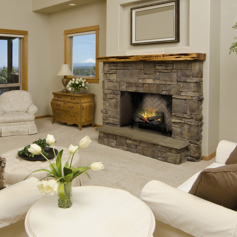 Inspiration for a medium sized romantic games room in Seattle with beige walls, carpet, a standard fireplace, a stone fireplace surround and beige floors.