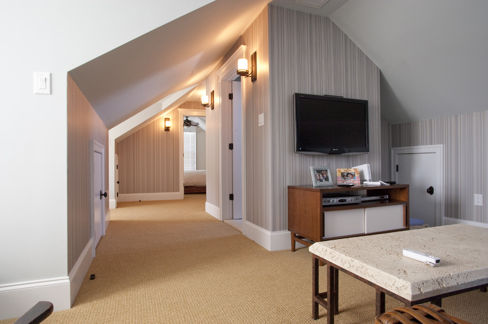 Example of a trendy family room design in Philadelphia with gray walls and a wall-mounted tv