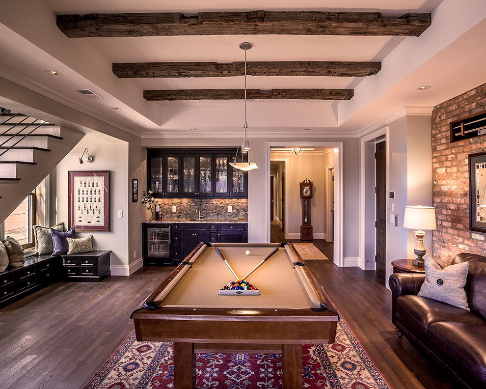 Example of a mountain style dark wood floor game room design in Louisville