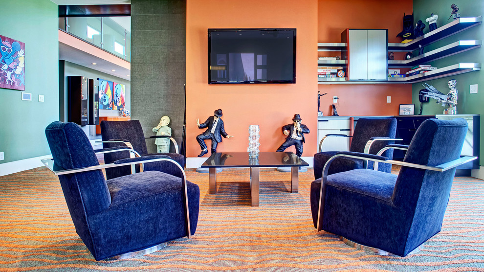 Идея дизайна: гостиная комната в современном стиле с ковром на полу