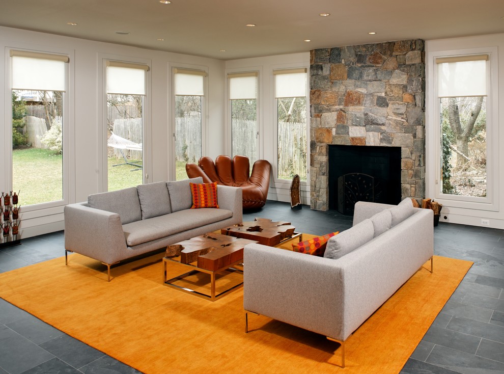 ワシントンD.C.にある中くらいなトランジショナルスタイルのおしゃれな独立型ファミリールーム (白い壁、スレートの床、標準型暖炉、石材の暖炉まわり、テレビなし、グレーの床) の写真