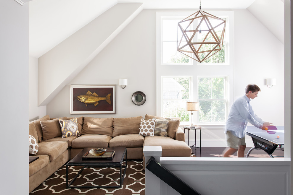 Transitional loft-style game room photo in Boston with white walls, no fireplace and no tv