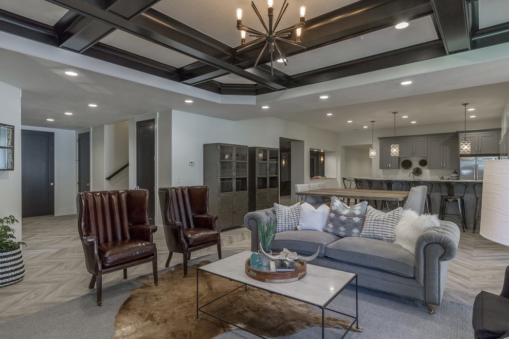 Large contemporary open plan games room in Salt Lake City with white walls, vinyl flooring, a standard fireplace, a stone fireplace surround and a wall mounted tv.