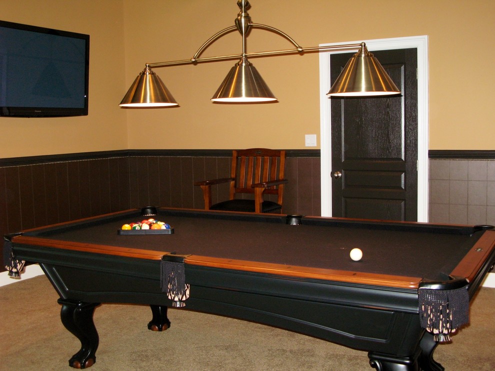 Inspiration for an expansive classic enclosed games room in Other with a game room, yellow walls, carpet, a wall mounted tv, brown floors, wallpapered walls, no fireplace and feature lighting.