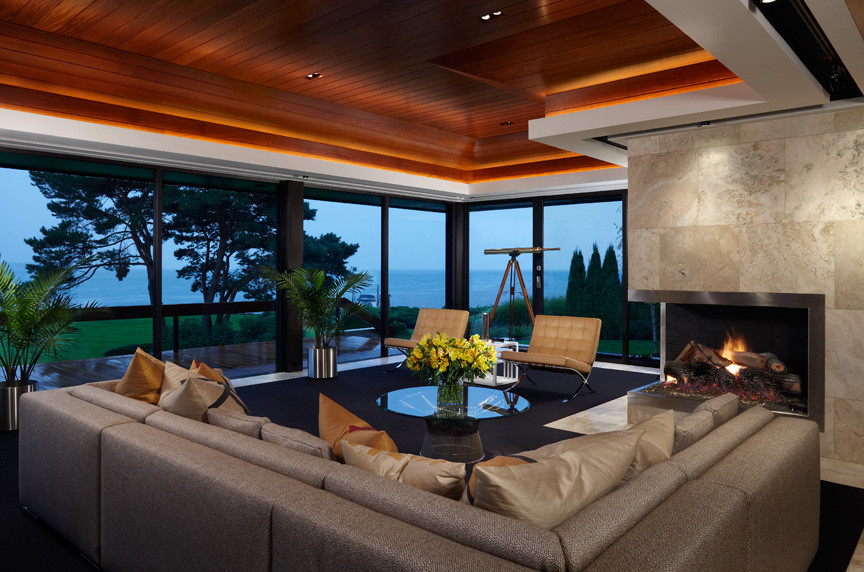 Свежая идея для дизайна: гостиная комната в стиле модернизм - отличное фото интерьера