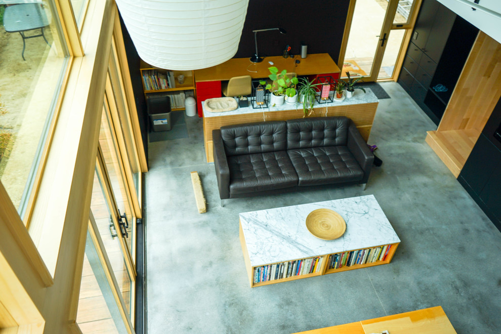 Esempio di un soggiorno moderno di medie dimensioni e aperto con pareti nere, nessun camino, TV a parete, pavimento grigio e pavimento in cemento