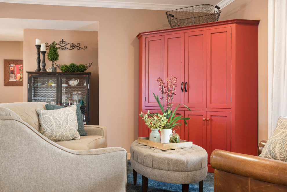 Example of a small farmhouse open concept travertine floor family room design in Phoenix with brown walls and a corner tv
