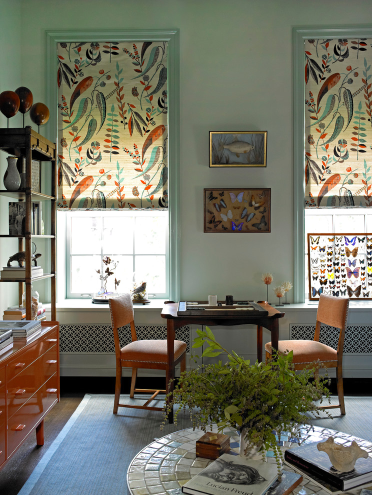 Inspiration for an eclectic dark wood floor family room remodel in New York