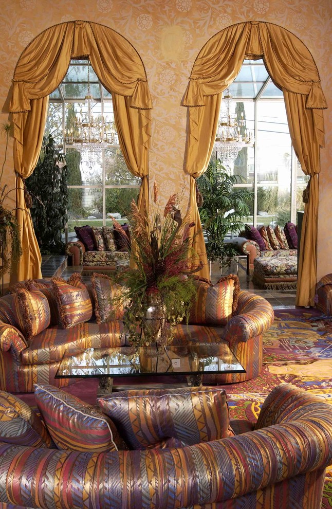 Family room - eclectic carpeted and multicolored floor family room idea in Orange County