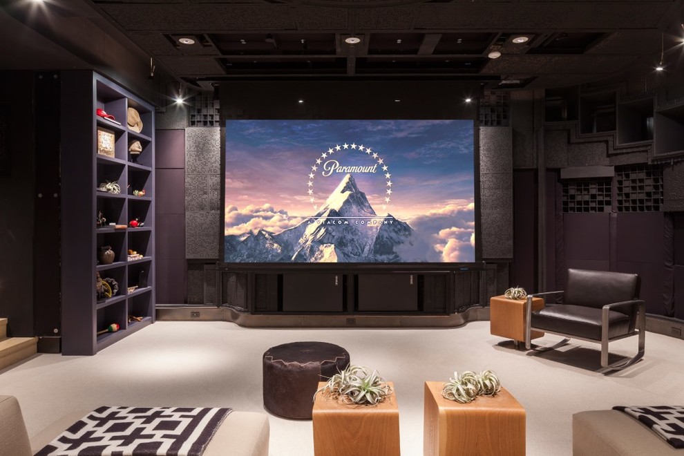 Mid-sized trendy enclosed plywood floor game room photo in San Francisco with black walls, no fireplace and a wall-mounted tv
