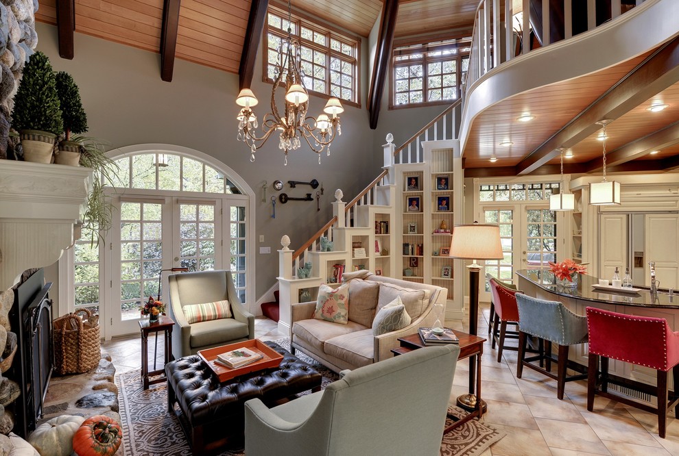 Mittelgroßes, Offenes Klassisches Wohnzimmer mit Porzellan-Bodenfliesen und Kamin in Minneapolis