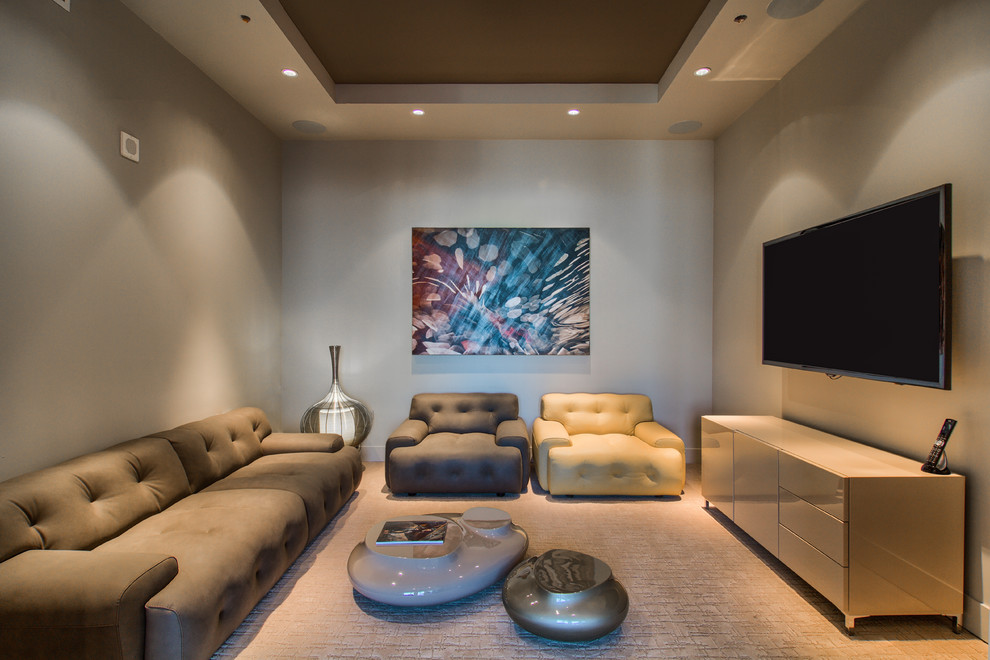 Inspiration for a medium sized contemporary enclosed games room in Denver with a music area, grey walls, carpet, no fireplace, a wall mounted tv and beige floors.