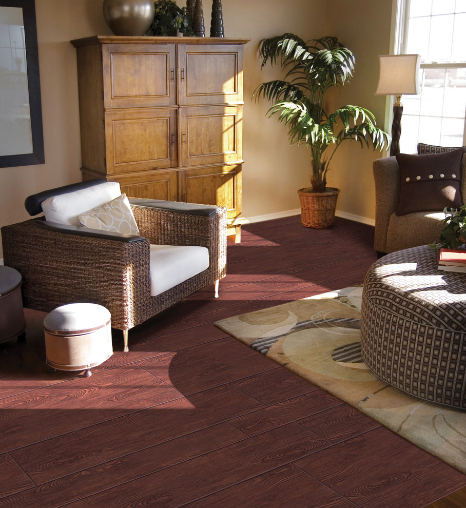 Foto di un soggiorno con pareti beige, pavimento in gres porcellanato e pavimento rosso