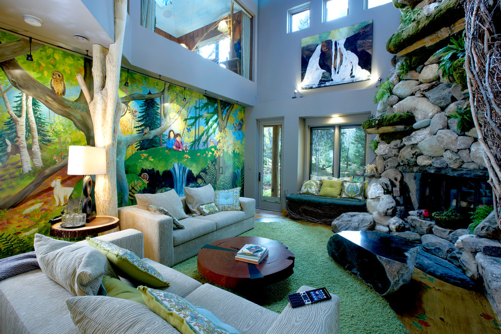 Inspiration for an eclectic painted wood floor family room remodel in Boston