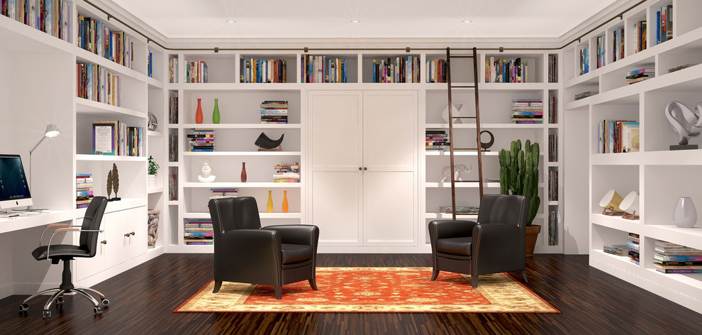 Modelo de sala de estar con biblioteca tipo loft de estilo de casa de campo grande