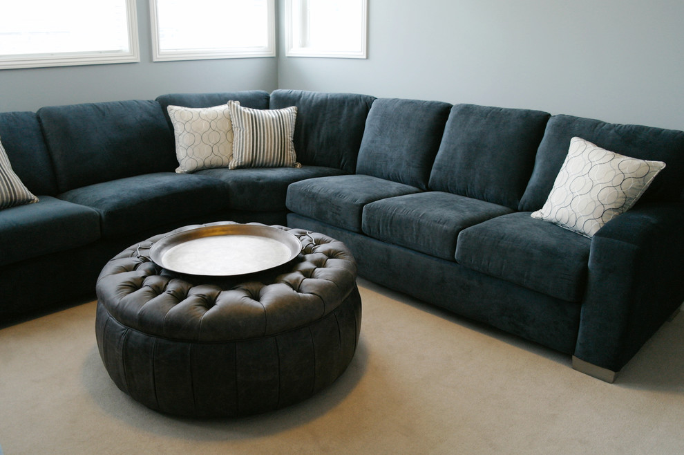 Immagine di un soggiorno minimal di medie dimensioni e stile loft con pareti blu, moquette, nessun camino e TV autoportante