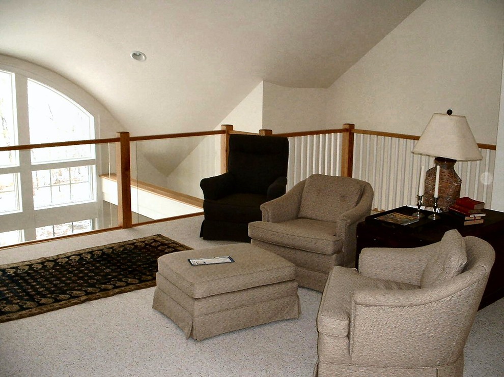 Mid-sized elegant loft-style carpeted and white floor family room photo in Richmond with white walls, no fireplace and a tv stand