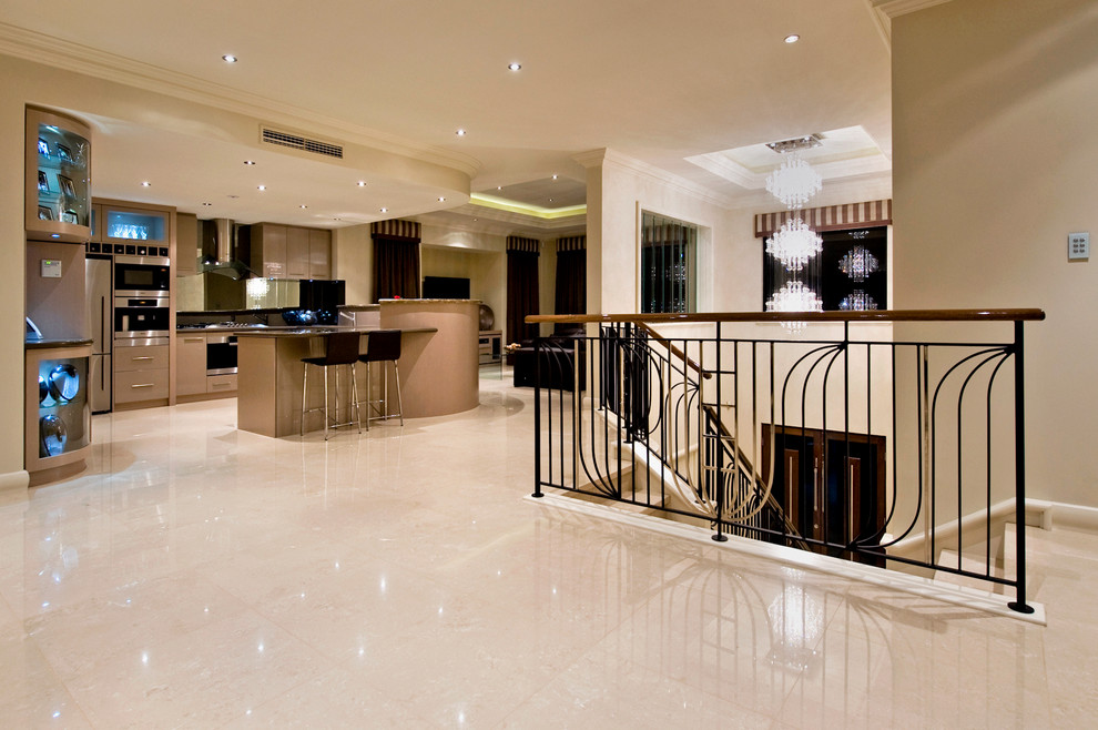 Design ideas for a large contemporary open plan games room in Perth with beige walls and porcelain flooring.