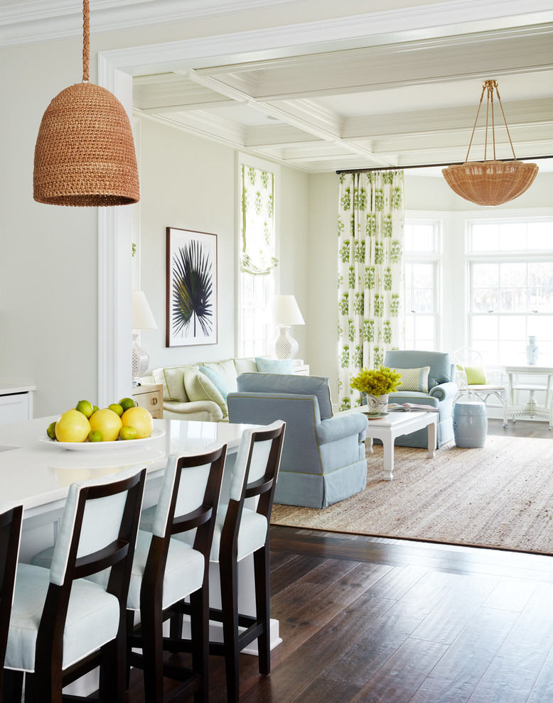 Large beach style open concept dark wood floor and brown floor family room photo in Jacksonville with white walls