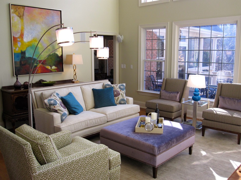 Mid-sized eclectic enclosed light wood floor family room photo with beige walls
