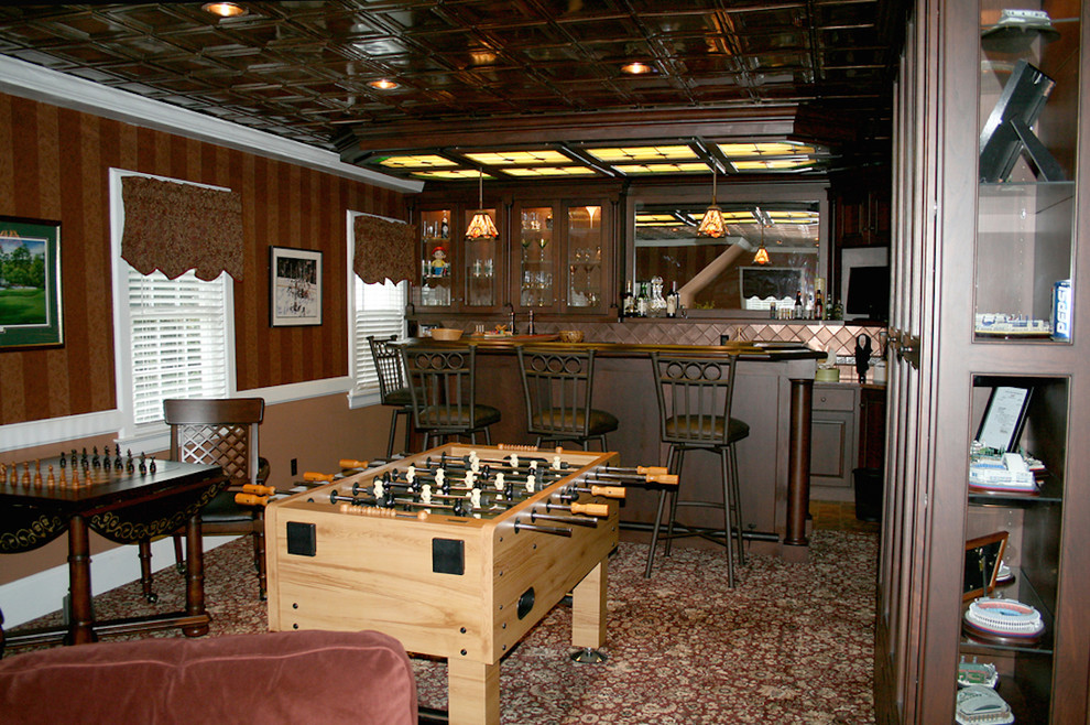 Mid-sized mountain style enclosed carpeted game room photo in Bridgeport with brown walls