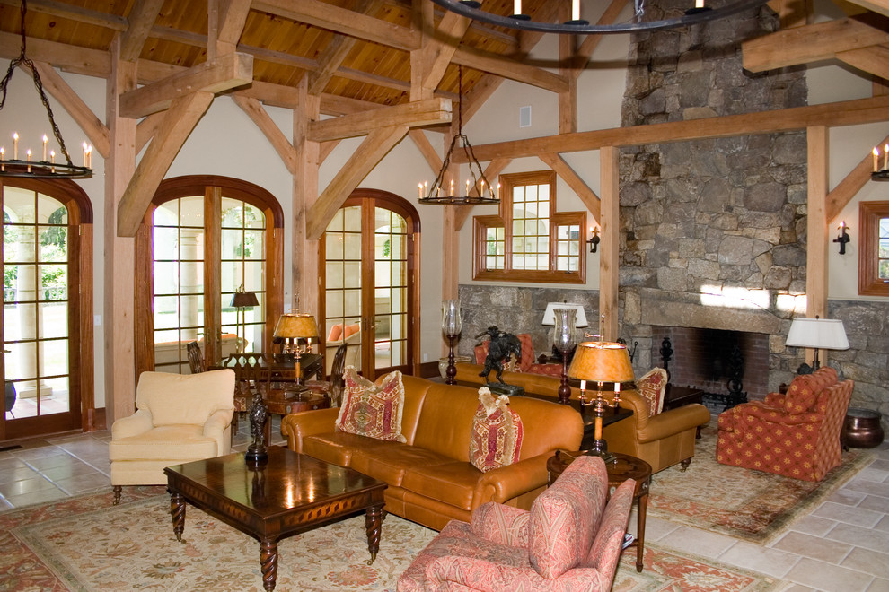 Example of a large classic open concept beige floor family room design in Other with white walls, a standard fireplace and a stone fireplace