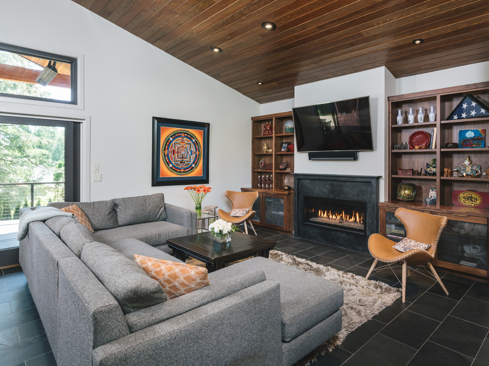 Retro living room in Portland with white walls, a ribbon fireplace, a wall mounted tv and black floors.