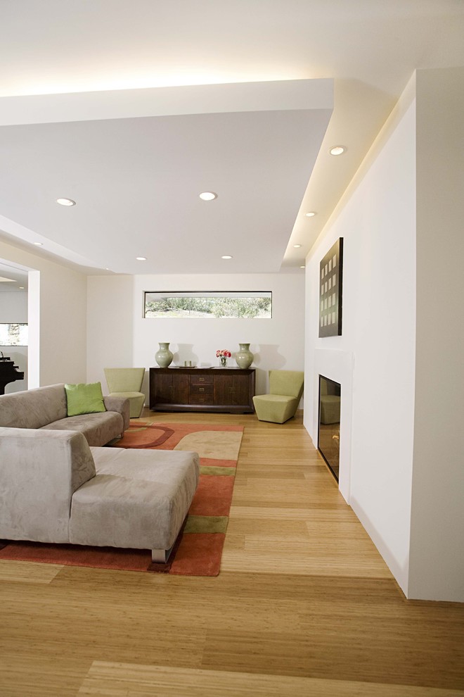 Imagen de sala de estar actual con suelo de bambú