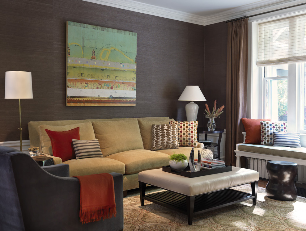 Family room - traditional enclosed carpeted family room idea in Boston with brown walls, no fireplace and no tv